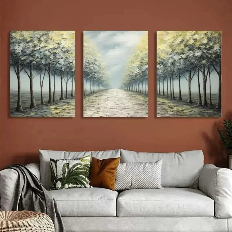 3pcs Tree Lined Path Landscape Canvas Wall Art Metal Print Ready to Hang Art