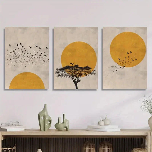 3pcs Featuring a Minimalist Illustration of a Sun Metal Print Ready to Hang Art