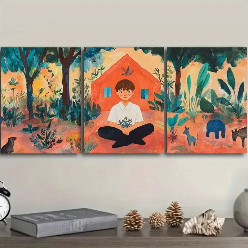 3pcs Vibrant Boy & Wildlife Scenes Wall Art Set Canvas Framed 40x60cm - High Quality Print 100% Australian Made Wall Canvas Ready to Hang