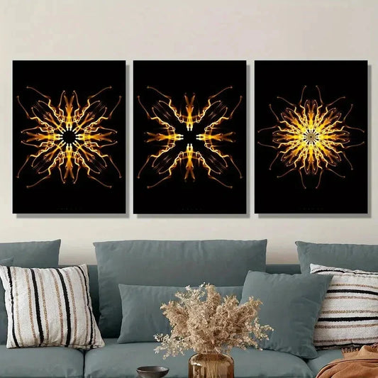 3pcs Abstract psychedelic golden kaleidoscope Metal Print Ready to Hang Art