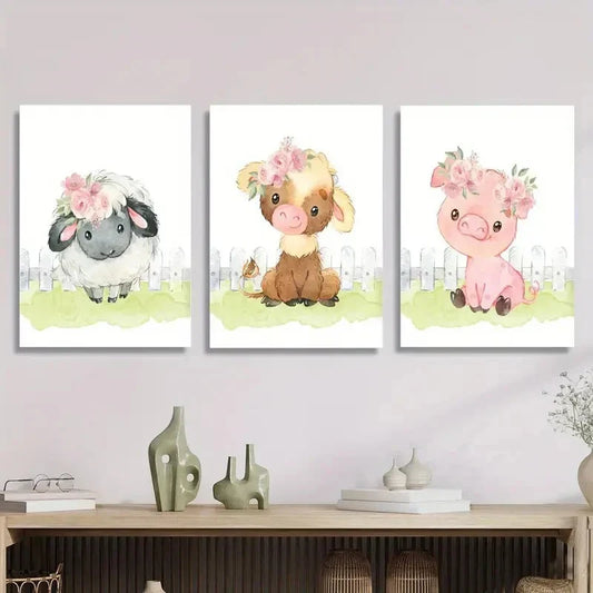 3pcs Watercolor cute calf, lamb and pig,, Metal Print Ready to Hang Art