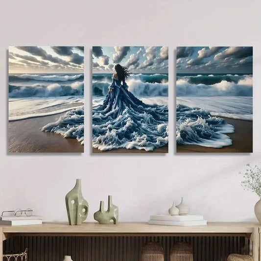 3pcs ,Ocean, beach, fantasy style mural, lady in Metal Print Ready to Hang Art