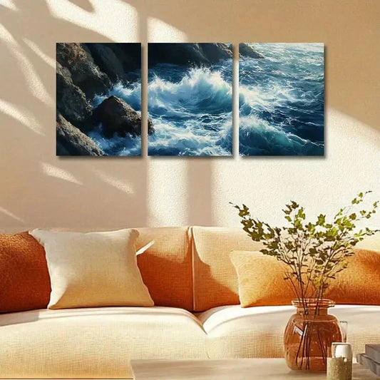 3pcs Dramatic Blue Sea Waves with Rocks Metal Print Ready to Hang Art
