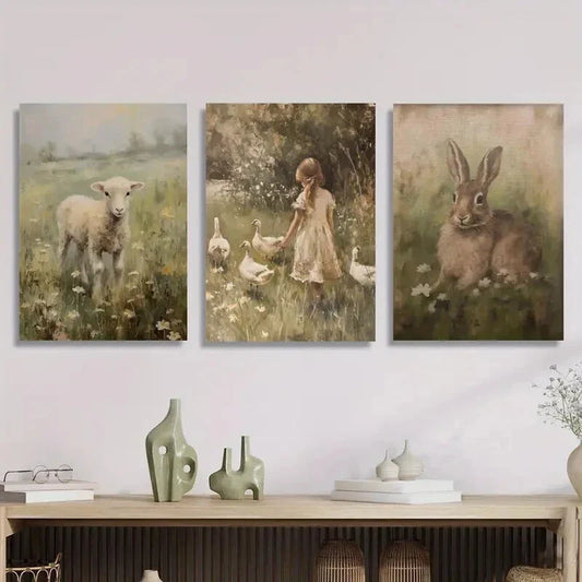 3pcs ,Cute Animal & Pastoral Scenes, Metal Print Ready to Hang Art
