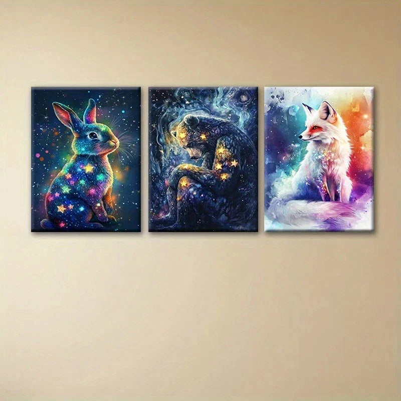 3pcs Starry Night Animal Galactic Rabbit Bear Metal Print Ready to Hang Art