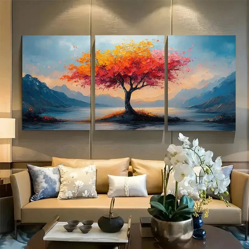 3pcs Abstract Pastel Tree with Mountain Scene Metal Print Ready to Hang Art