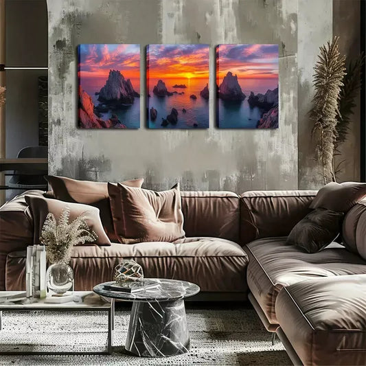 3pcs Serene Ocean & Rocks Landscape Wall Art Set Canvas Framed 40x60cm - High Quality Print 100% Australian Made Wall Canvas Ready to Hang