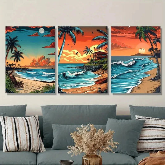 3pcs Tropical Beach Sunset Metal Print Ready to Hang Art