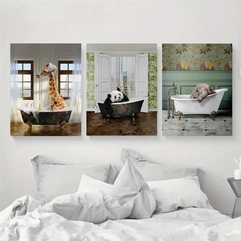 3pcs Giraffe, Panda & Elephant in Bathtubs Metal Print Ready to Hang Art
