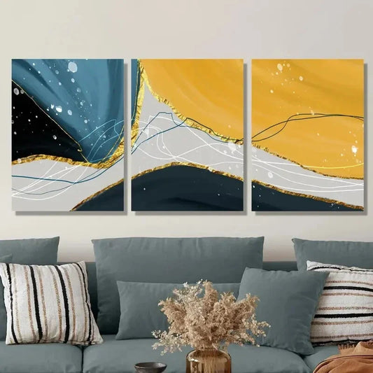 3pcs Abstract Art Golden Landscape, Light Metal Print Ready to Hang Art