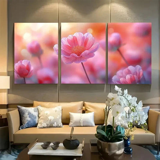 3pcs Vibrant Spring Pink & Orange Wildflower Metal Print Ready to Hang Art