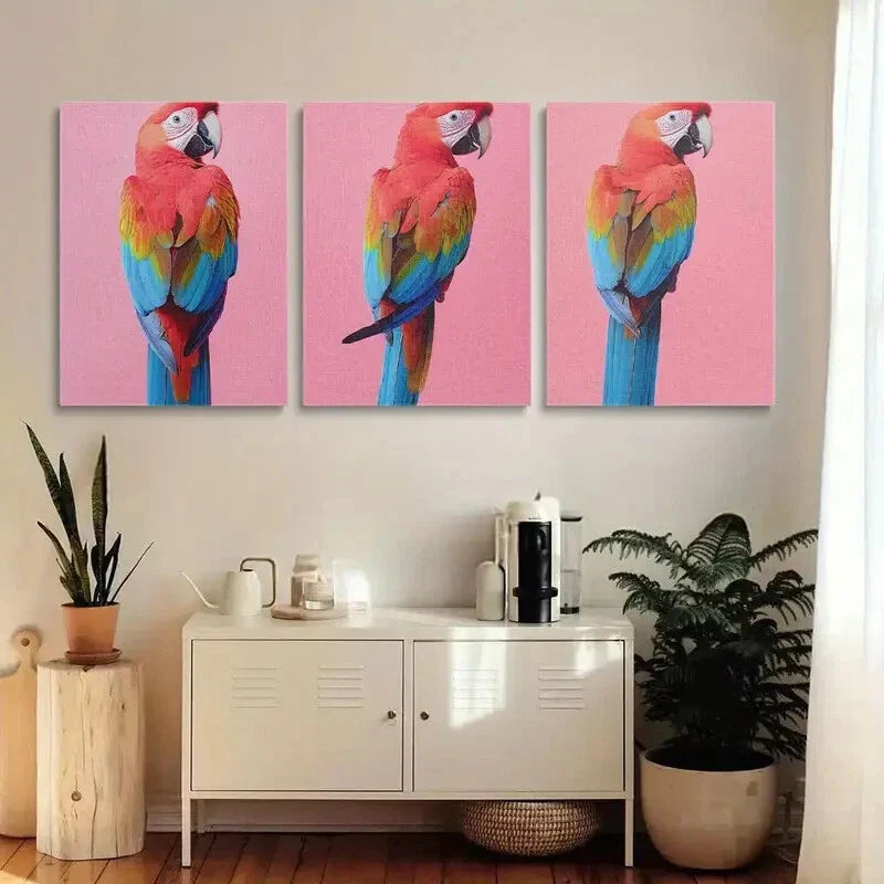 3pcs Vibrant Red Parrots with Blue Tails Metal Print Ready to Hang Art