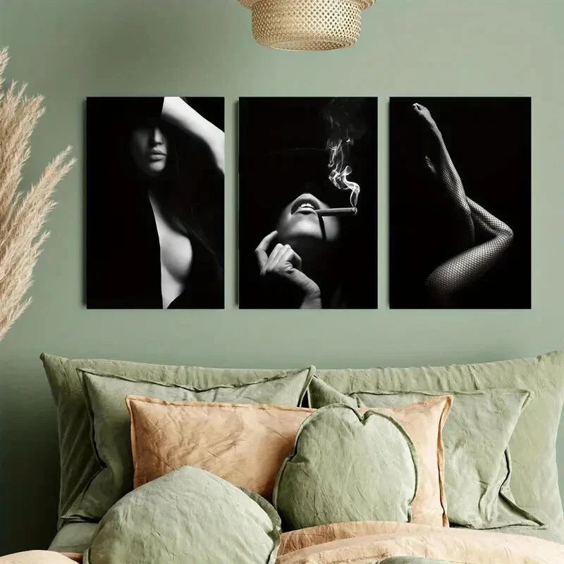3pcs Black & White Women with Cigar Metal Print Ready to Hang Art