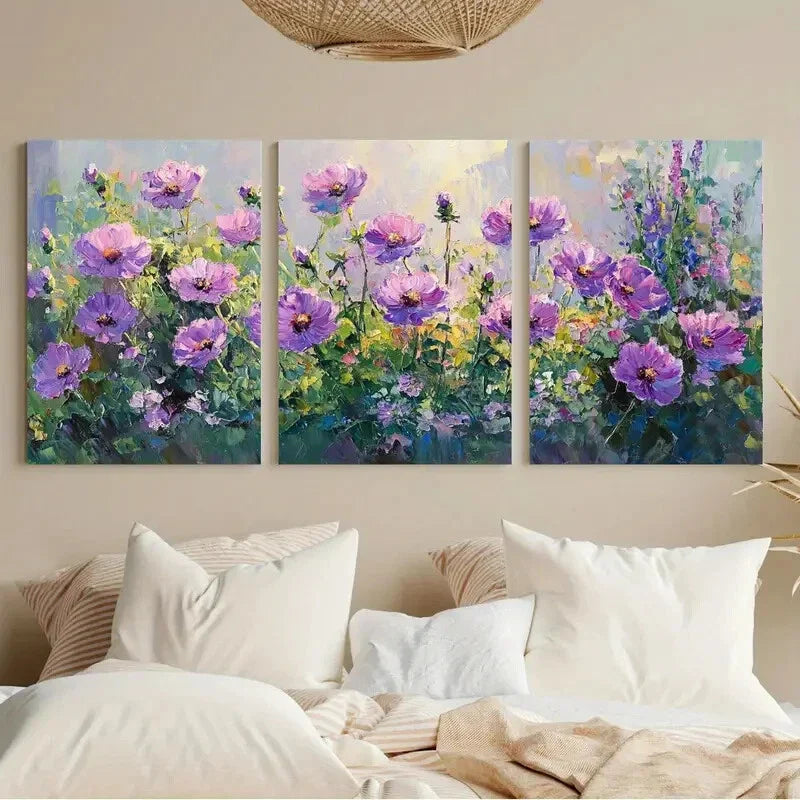 3pcs Vibrant Purple Flower Lavender Bloom Metal Print Ready to Hang Art