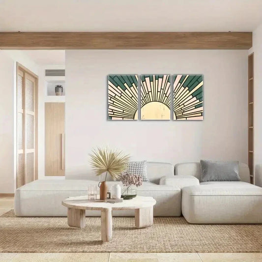 3pcs Sunshine Sage Green Beige Geometric Metal Print Ready to Hang Art