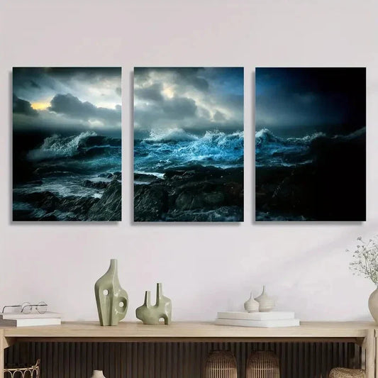 3pcs , Amazing Ocean Waves at Night, Deep Blue Metal Print Ready to Hang Art