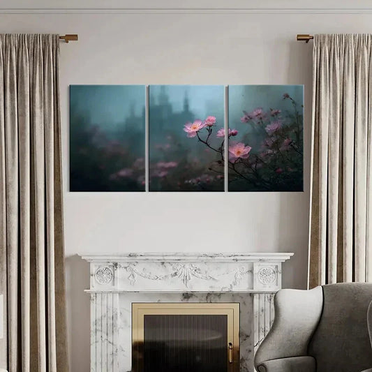 3pcs Fairy Tale Castle Pink Flowers Mysterious Metal Print Ready to Hang Art