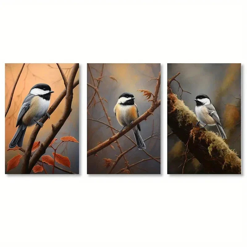 3pcs Woodpecker Rustic Bird Brown Leaves Branches Metal Print Ready to Hang Art