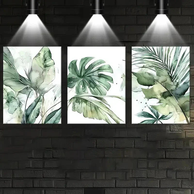 3pcs Abstract Elegant Green Plants Metal Print Ready to Hang Art