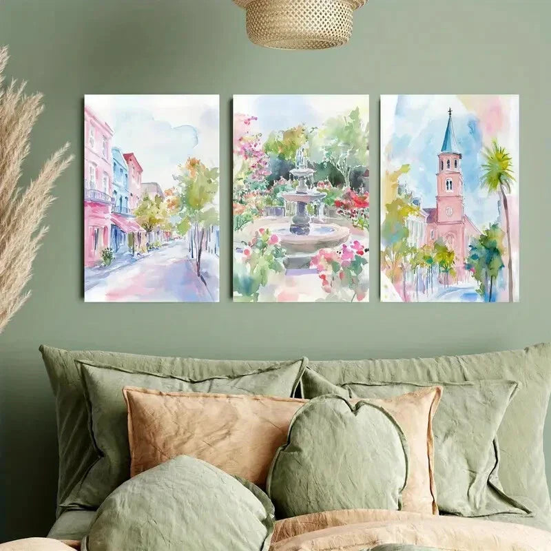 3pcs Rainbow Row Street Metal Print Ready to Hang Art