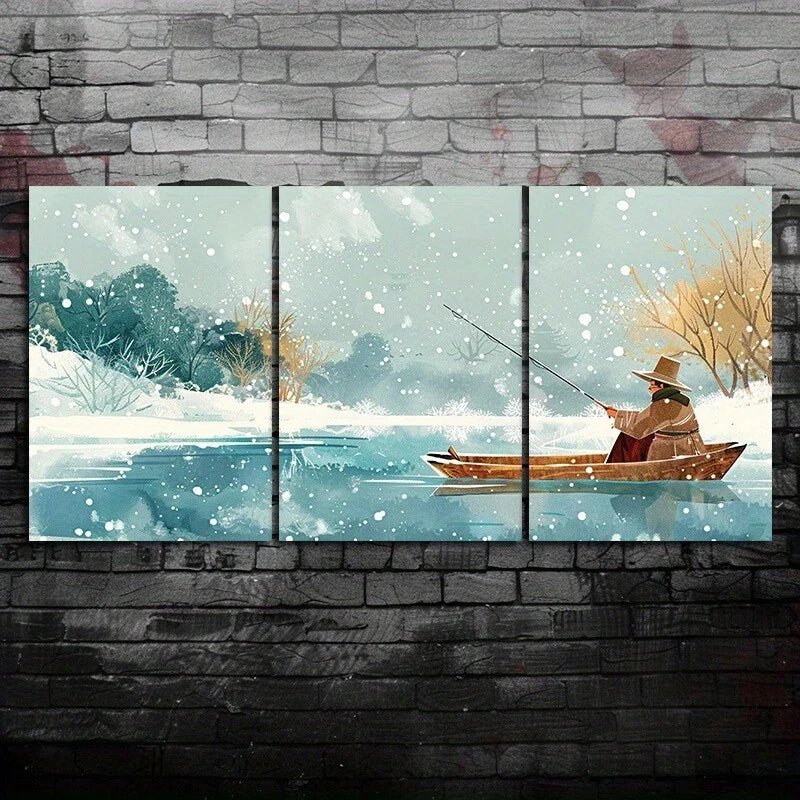 3pcs Modern Abstract Winter Fishing Lake Metal Print Ready to Hang Art