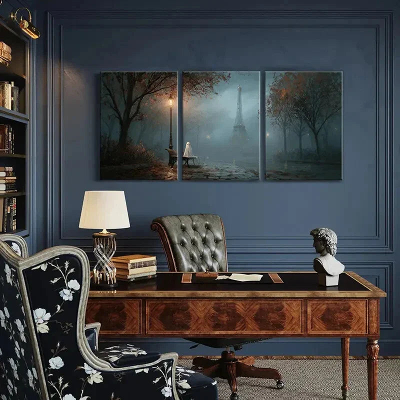 3pcs Ghostly Figure Autumn Trees Foggy Night Metal Print Ready to Hang Art