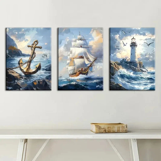 3pcs Abstract Nautical Anchor Sailboat Lighthouse Metal Print Ready to Hang Art