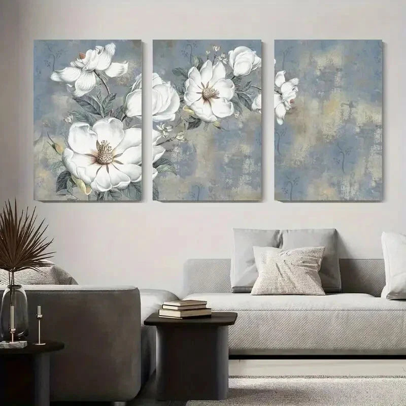 3pcs White Magnolia Floral Vintage Gray Metal Print Ready to Hang Art