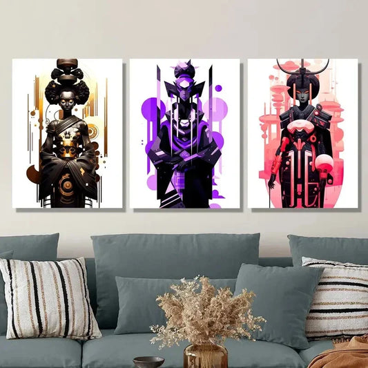 3pcs Female Characters in Golden, Purple and Black Metal Print Ready to Hang Art Metal Print Ready to Hang Art