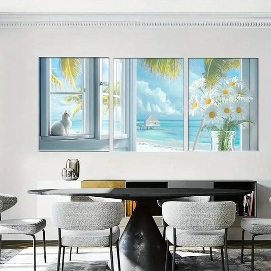 3pcs Coastal Tropical Beach & Palm Tree Prints Metal Print Ready to Hang Art