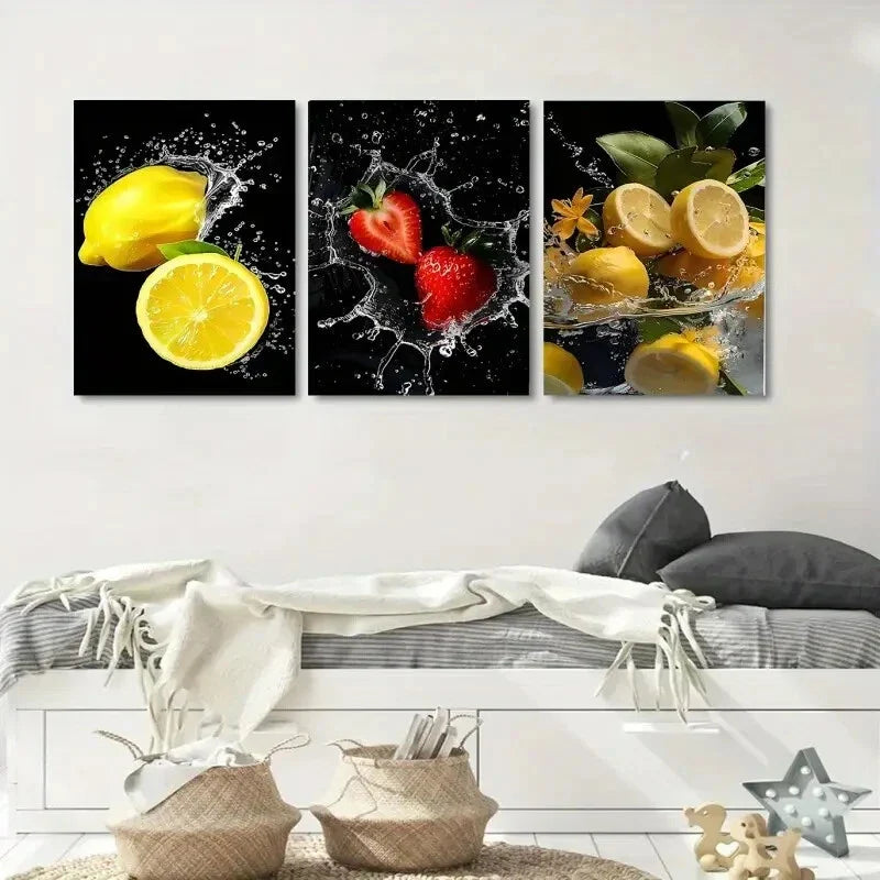 3pcs Fruit with Splash Water Metal Print Ready to Hang Art