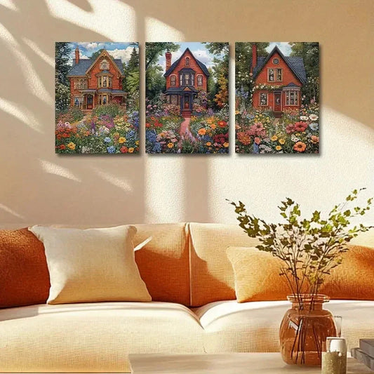 3pcs Victorian House with Vibrant Florals Metal Print Ready to Hang Art