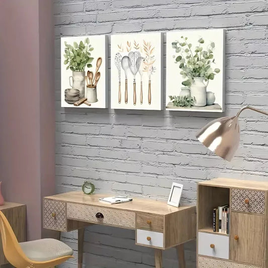 3pcs Kitchen Green Spice Oil Painting Canvas Framed 40x60cm - High Quality Print 100% Australian Made Wall Canvas Ready to Hang