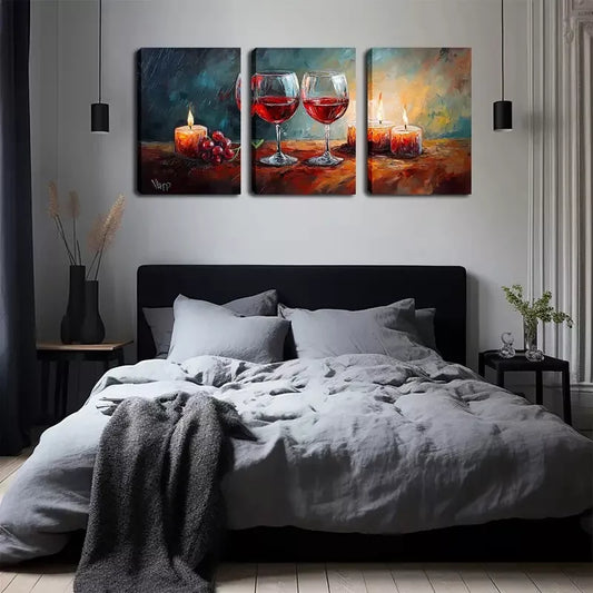 3pcs Two Glasses Of Red Wine And Candles Wall Art Set Canvas Framed 40x60cm - High Quality Print 100% Australian Made Wall Canvas Ready to Hang