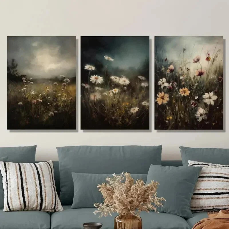3pcs Dark Floral Landscape, Metal Print Ready to Hang Art