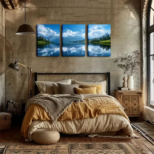 3pcs Sky, White Clouds, Lake Wall Art Set Canvas Framed 40x60cm - High Quality Print 100% Australian Made Wall Canvas Ready to Hang