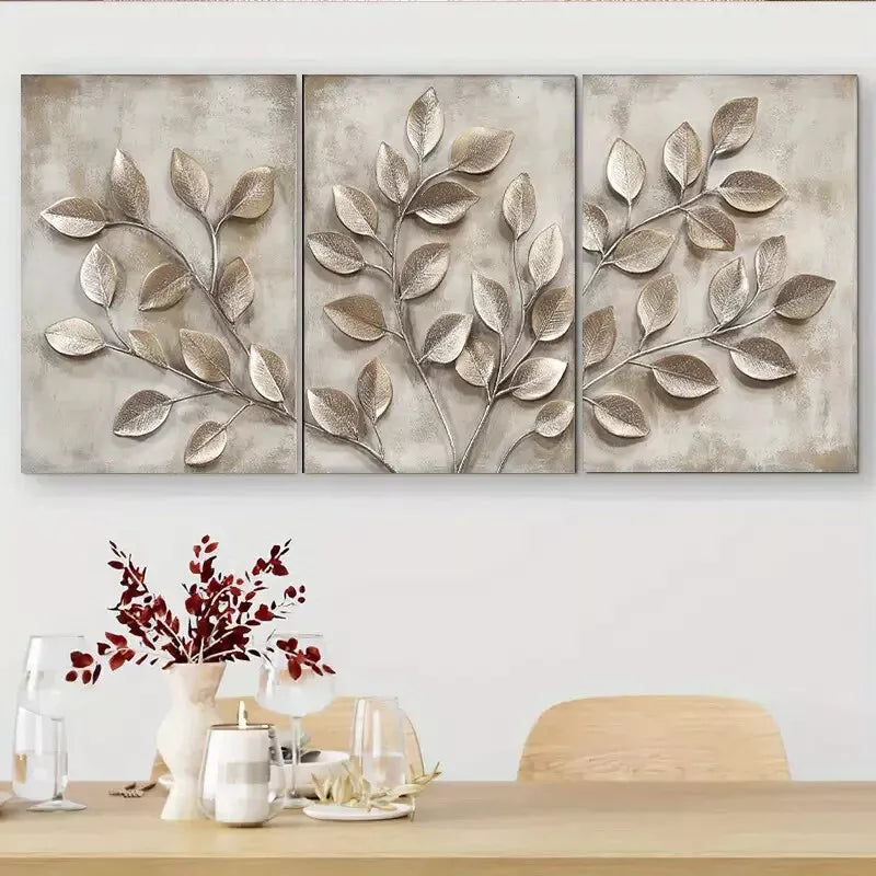 3pcs Metallic Leaf Branch Triptych Wall Art Set Canvas Framed 40x60cm - High Quality Print 100% Australian Made Wall Canvas Ready to Hang