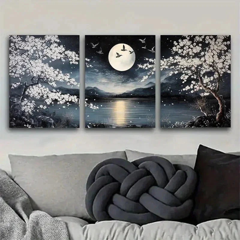 3pcs Nighttime Cherry Blossom Landscape Metal Print Ready to Hang Art