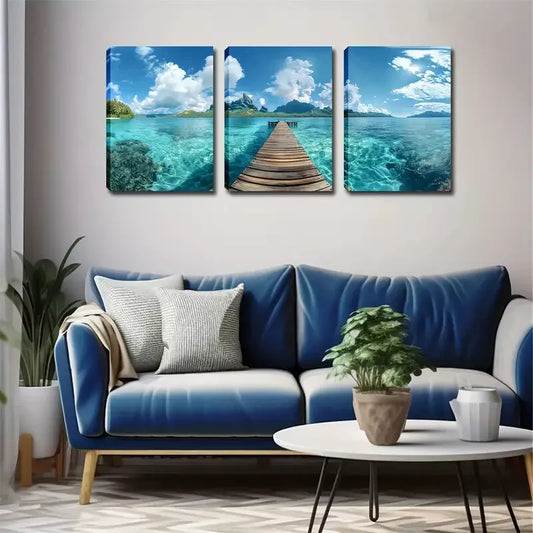 3pcs Serene Wooden Bridge & Turquoise Ocean Scene Wall Art Set Canvas Framed 40x60cm - High Quality Print 100% Australian Made Wall Canvas Ready to Hang