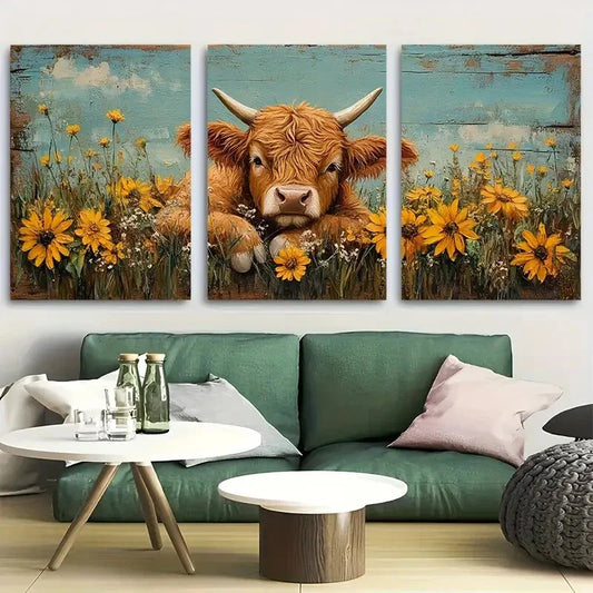 3pcs Youngsters Highland Cow Wildflower Meadow Metal Print Ready to Hang Art