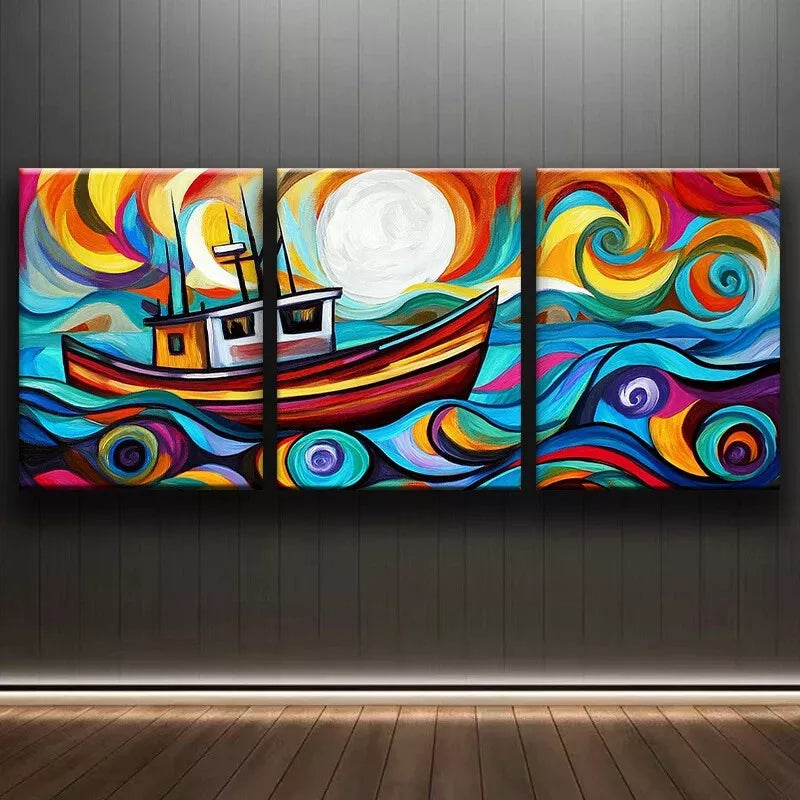 3pcs An Abstract Depiction Of A Fishing Trawler Wall Art Set Canvas Framed 40x60cm - High Quality Print 100% Australian Made Wall Canvas Ready to Hang