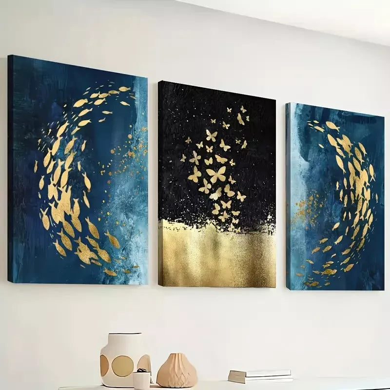 3pcs Abstract Style Fish and Butterfly Swarms Wall Art Set Canvas Framed 40x60cm - High Quality Print 100% Australian Made Wall Canvas Ready to Hang