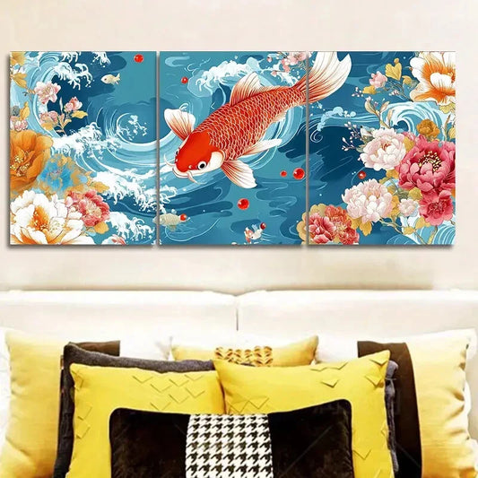 3pcs Two Red and White Carp Wall Art Set Canvas Framed 40x60cm - High Quality Print 100% Australian Made Wall Canvas Ready to Hang