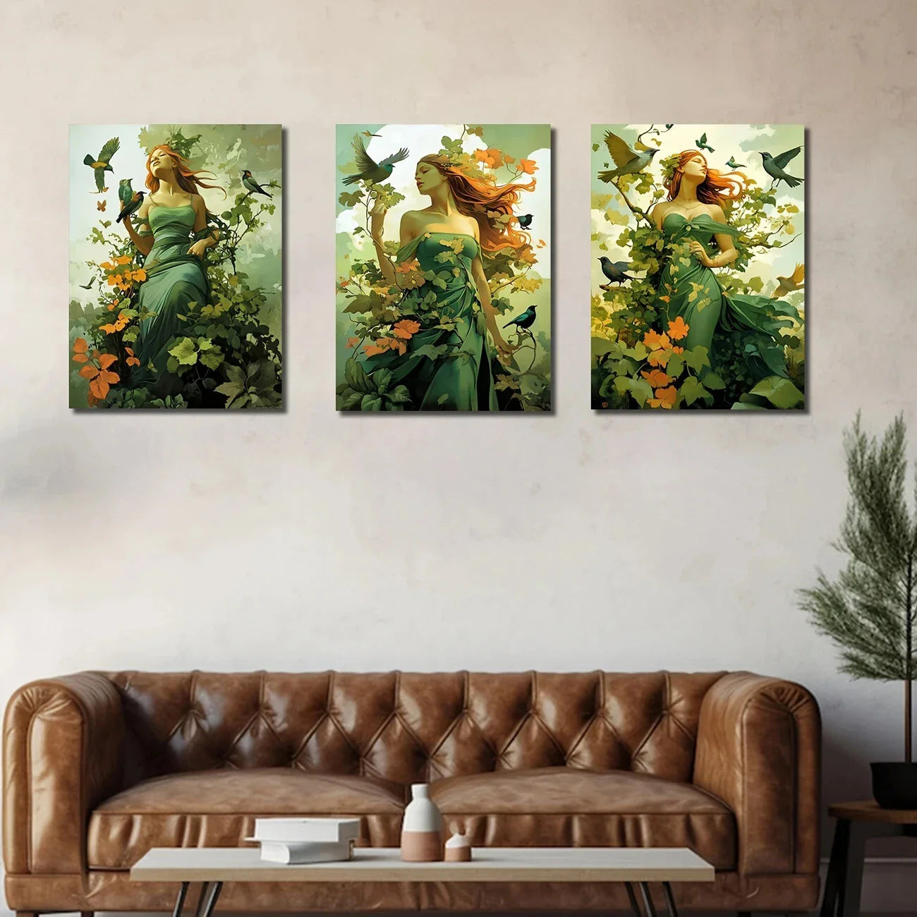 3pcs A Goddess Of Nature Surrounded By Birds Metal Print Ready to Hang Art