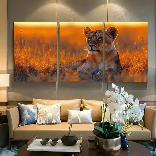 3pcs Lioness Resting in Golden Savanna Metal Print Ready to Hang Art