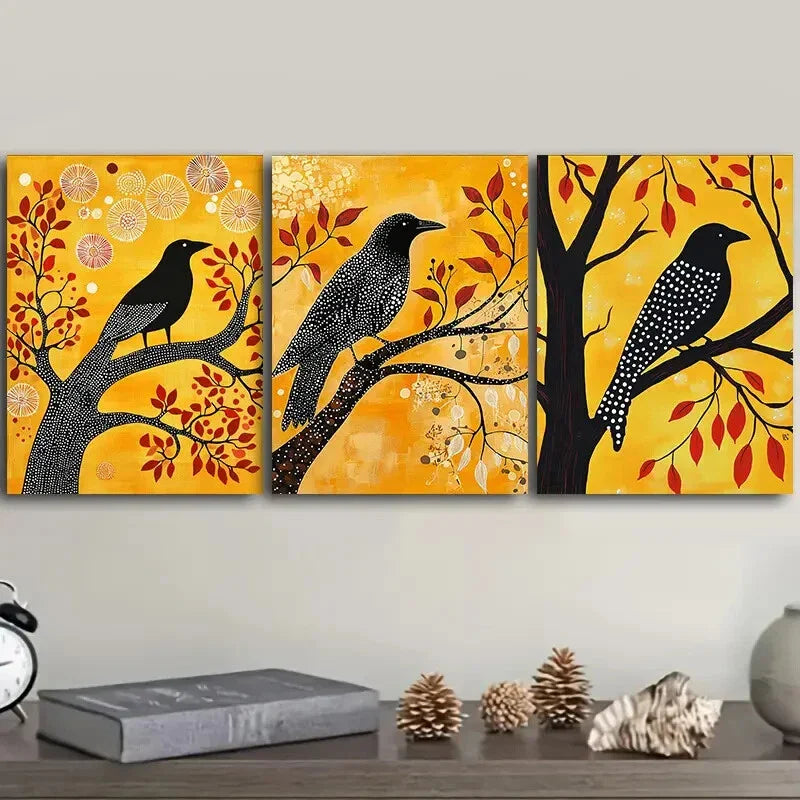 3pcs The psychic crow In Yellow Background Wall Art Set Canvas Framed 40x60cm - High Quality Print 100% Australian Made Wall Canvas Ready to Hang