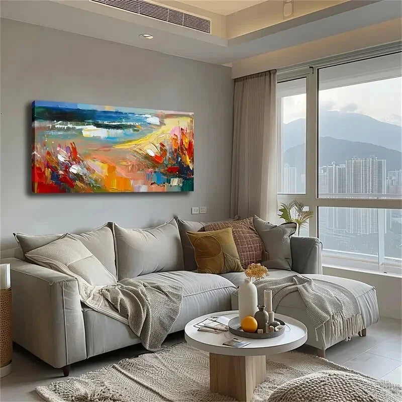 An Abstract Expressionist Beach Wall Art Canvas Office Home Room Framed 80x45cm