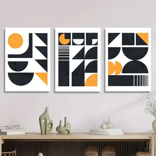 3pcs Abstract black gold geometric shape Metal Print Ready to Hang Art