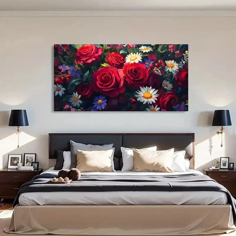 Daisies Roses Vibrant Bouquet Wall Art Canvas Office Home Room Framed 120x60cm