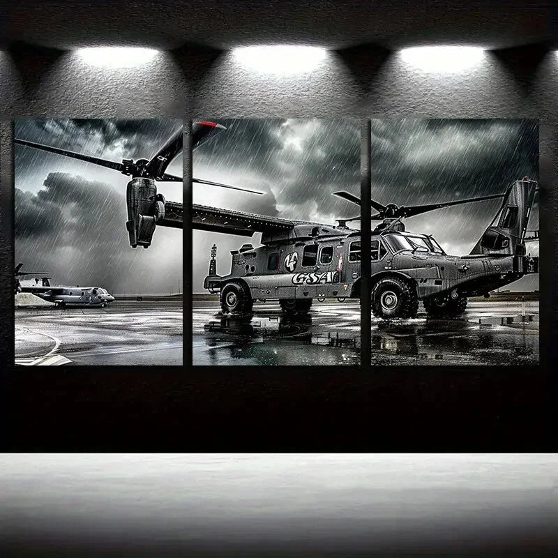 3pcs Military Helicopter Artistic Brownish Aged Metal Print Ready to Hang Art